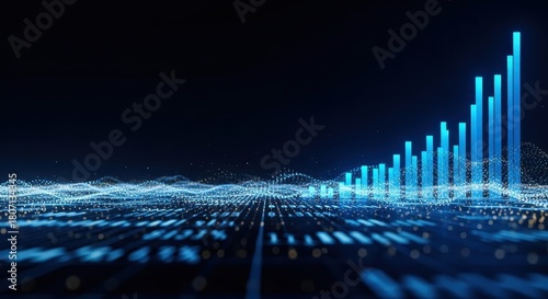 A futuristic digital landscape with a vibrant blue bar chart ascending, symbolizing financial growth and positive data trends