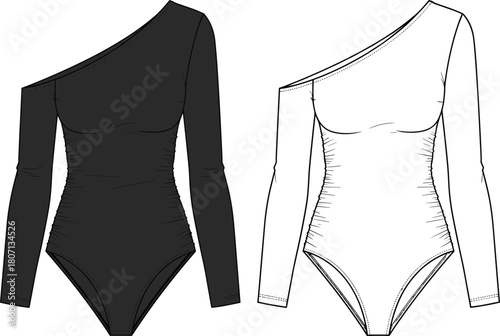 Flat vector illustration of one shoulder bodysuit design, fashion sketch, asymmetrical neckline garment, long sleeve apparel, clothing template