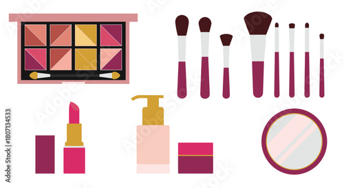 Set of women's makeup and cosmetic products, including an eyeshadow palette, brushes, lipstick, foundation, face cream, and a pocket mirror.