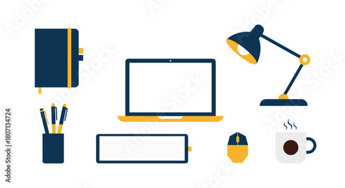 Minimalist flat design illustration of a modern workspace or desk setup, including a laptop, lamp, notebook, and a cup of coffee.