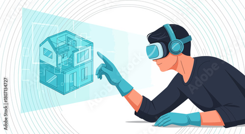 Futuristic home design in virtual reality showing immersive experience with building plans using