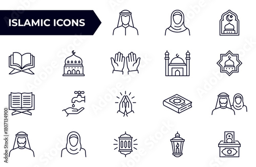 Islamic outline icon set, such as mosque, quran, carpet, ramadan and more. Editable stroke.
