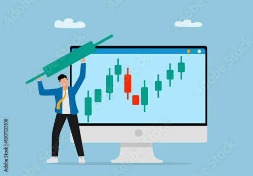 Vector Illustration of Bullish Candlestick Chart with Trader and Financial Market Analysis Concept