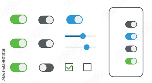 Modern user interface design elements, including various toggle switches, sliders, and checkboxes for web and mobile app settings.