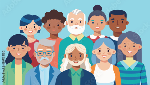 Senior and young adult mixed group, multicultural flat vector.