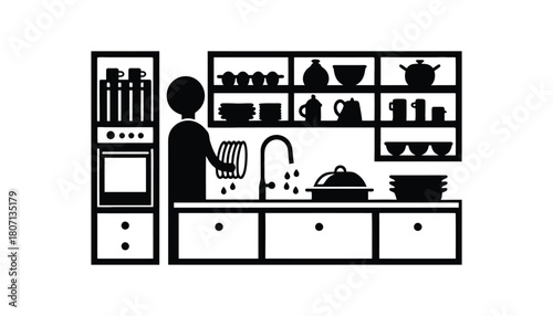 Cleaning dishes in kitchen sink vector illustration design
