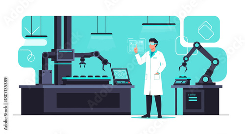 Futuristic laboratory setting displaying advanced robotic systems under scientist's guidance