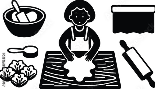 Baking illustration of woman making dough with kitchen tools