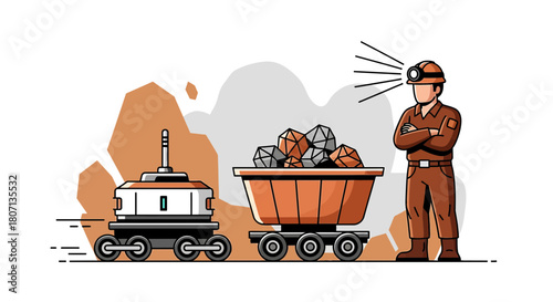 Futuristic mining operation with autonomous vehicle and a watchful human supervisor