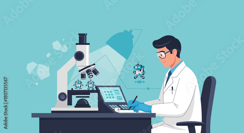 Futuristic research concept depicting a scientist using advanced technology and robotics in a lab