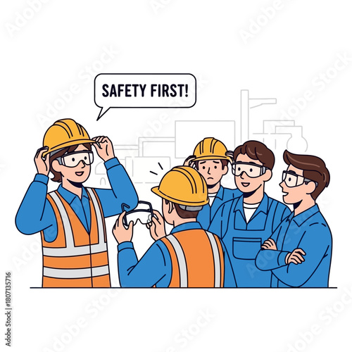 Safety meeting with workers wearing protective gear and hard hats.