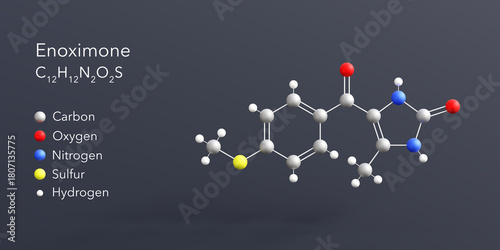 Fototapeta Naklejka Na Ścianę i Meble -  enoximone molecule 3d rendering, flat molecular structure with chemical formula and atoms color coding