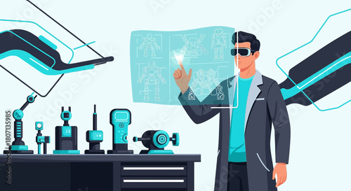 Futuristic robotic laboratory with engineer using augmented reality interface display