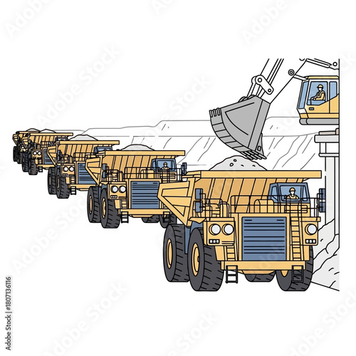 A row of large yellow mining trucks being loaded with ore by an excavator at a quarry.