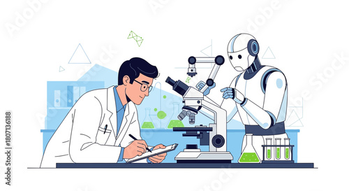 Futuristic scientific research collaboration with human scientist and assisting robot using