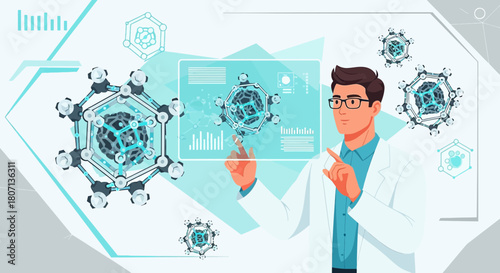 Futuristic scientist analyzing molecular structure data on a transparent display screen interface