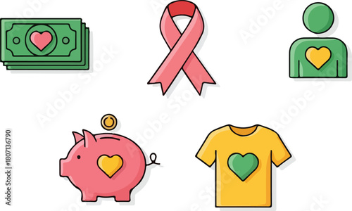 Set of icons representing charity and donation concepts.