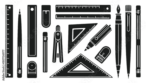 Architectural drawing tools and supplies black silhouette set