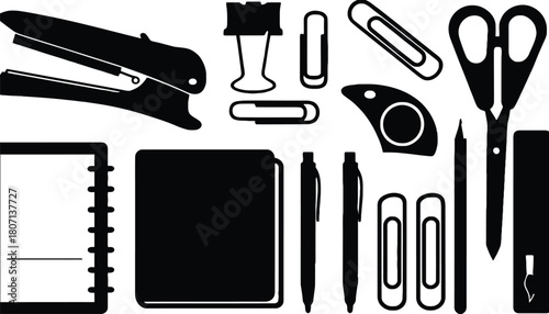 Office supplies stationery set black and white vector design