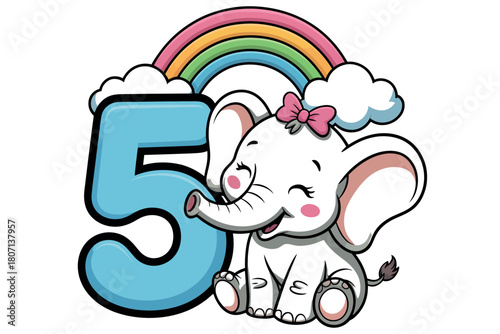 A cute cartoon baby elephant sits next to a large blue number '5' with a rainbow and clouds in the background, celebrating a fifth birthday.