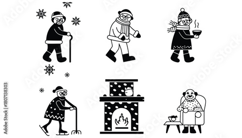 Winter activities for seniors black and white vector design