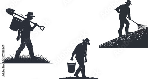 Silhouette of a farmer working with tools in different poses carrying bucket and shovel.