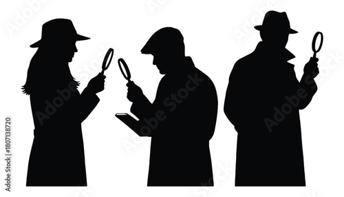 Detective silhouette with magnifying glass mystery investigation