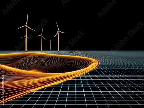 Futuristic wind turbine field with ai grid overlay renewable energy landscape technology visualization