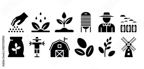 A collection of farming and agriculture icons representing the process of cultivation, harvesting, and rural life.