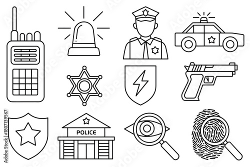 A collection of line art icons representing various aspects of law enforcement and crime investigation, including a police officer, patrol car, and fingerprint.