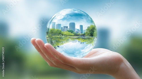 A hand holds a clear glass sphere showing a reflective city skyline and lush park, symbolizing urban sustainability and harmony between nature and development.