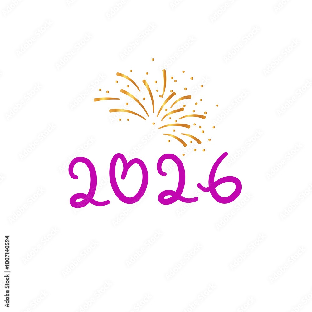 Obraz premium Purple handwritten year 2026 with golden fireworks isolated on white background
