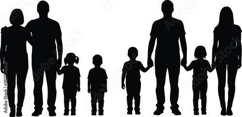 Silhouette of two families standing together holding hands and embracing each other.
