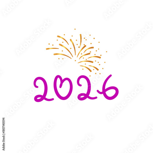 Purple handwritten year 2026 with golden fireworks isolated on white background