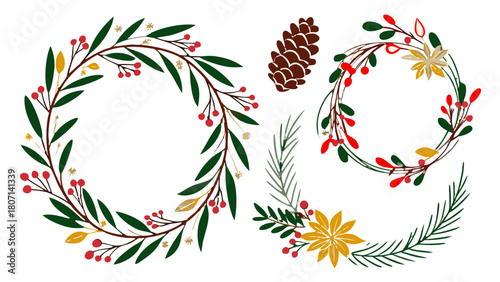 Elegant Christmas wreath vector set featuring botanical elements, pine branches, berries, and festive winter greenery. Ideal for branding, invitations, cards, packaging, and holiday decor.