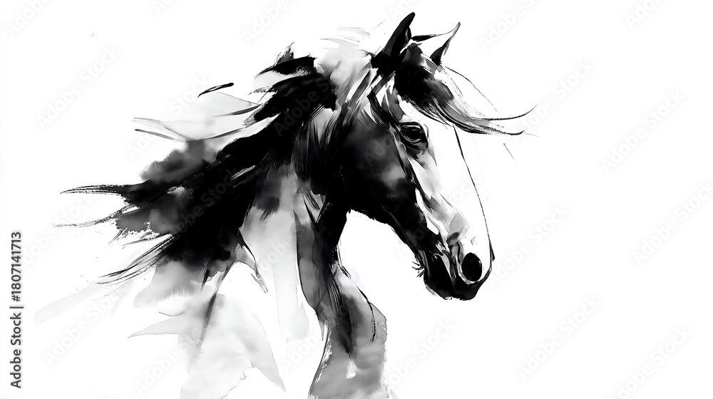 Fototapeta 筆で書かれたようなモノクロの馬