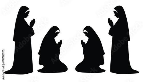 Silhouette of nuns praying catholic religious vector illustration