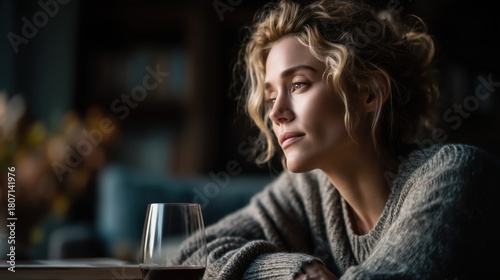 Reflecting on moments of quiet solitude with a glass of red wine at dusk in a cozy home setting