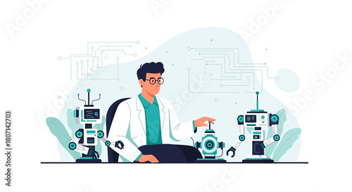 A scientist with robots, exploring the intersection of humanity and technology in the laboratory