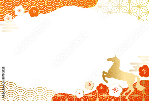 高級感のある 和柄 午年 梅 曲線フレーム 正月 新年 年賀状 2026年