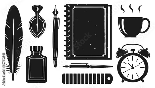 Vintage writing tools and morning essentials vector illustration