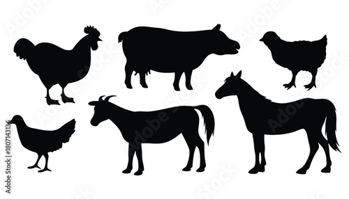 Farm animals silhouettes vector collection livestock farming