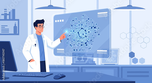 Advanced medical research scientist interacting with a molecule structure on screen