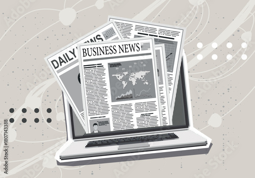 Trendy Halftone Collage with Breaking news on a screen laptop. Media, journalism, or news apps. modern design