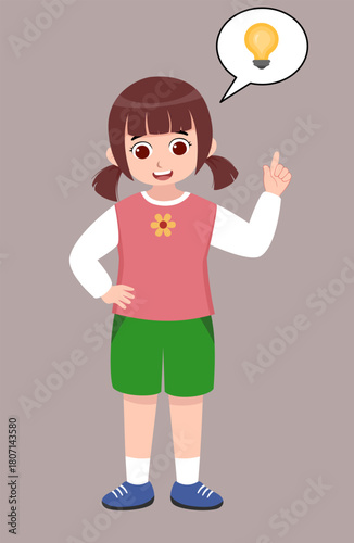 Cute little girl with a light bulb idea. Cartoon child expressing a eureka moment. Perfect for education, creativity, problem-solving, and kids illustration designs.
