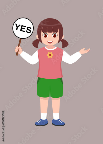 Cute little girl holding a YES sign. Cartoon child expressing positivity and approval. Great for education, communication, motivation, and kids illustration projects.