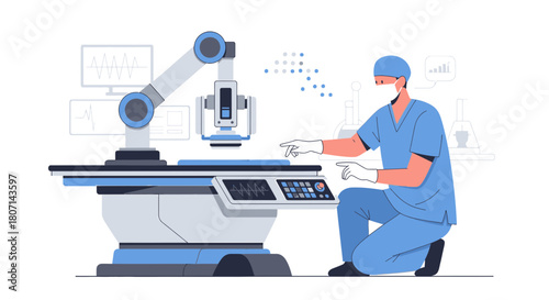 Advanced surgical robotics system operated by a masked healthcare professional in lab setting