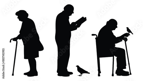Elderly people silhouettes with birds and walking sticks art