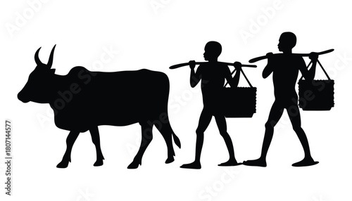 Silhouette of farmers with cow carrying baskets on shoulders