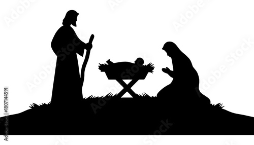 Find black and white nativity scene silhouette vector image